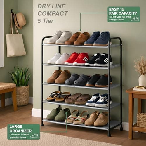 DRY LINE 5 Tier Metal Shoe Rack Heavy Duty Powder Coated | Compact Perforated Chappal Stand Organizer for Home Office | Made in India (Black) 2