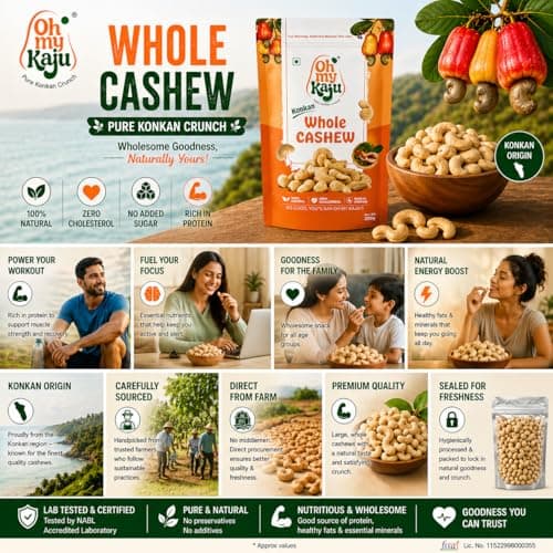 Oh My Kaju™ Premium Konkan Jumbo King Cashew W180 | King Kaju Nuts | Goa Origin Big Large Size Cashews – High Protien I Fresh Kaju Nuts | Zero Cholesterol I Goa-Origin Style I Gourmet Healthy Snacks f 5
