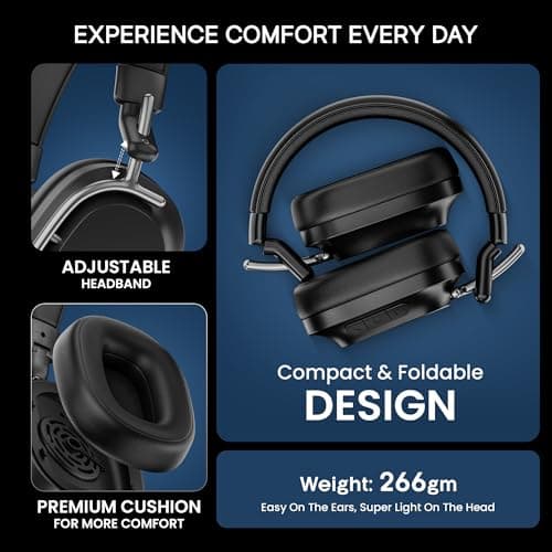 HAMMER Bash Pro 33 dB Hybrid ANC Over Ear Wireless Headphones, 4 Mics for Clear Calling, Charge 10mins = 300mins playtime, 40mm Driver, Transparency Mode, 37Hrs Playtime, Super soft Cushion, 5.3 Black 5