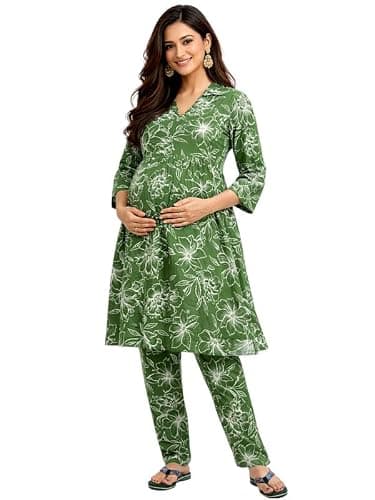 RITIJYA Pure Cotton Feeding Kurta Pant Set for Women | Anarkali Pregnancy Dress with Concealed Nursing Zipper Side Pocket | Pre & Post Partum | Maternity Baby Shower Outfit(9321_44, Green Mahendi)