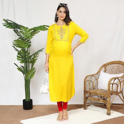 MomToBe Wome's Rayon A-line Maternity Kurti/Pregnancy Dress/Easy Breastfeeding Kurta with Zippers/Maternity Dress with Zippers for Nursing Pre and Post Pregnancy (Sunflower Yellow ; 2XL) 2