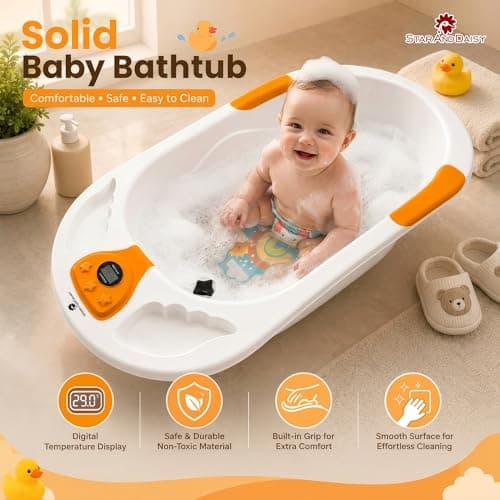 StarAndDaisy Baby Bath Tub for 0 to 5 Years with Temperature Sensing Meter & Anti-Skid Legs/Baby Bathing Tub for Newborn & Toddlers/Kids Bath Tub- White-Orange 2