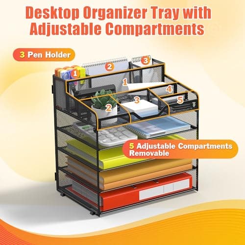 Docnest 5 Tier Mesh Desk Organizer for Paper Office Supplies – Multi-Functional Letter Tray with 5 Adjustable Compartments, 3 Pen Holders, Desktop Storage for Files, Mail, Stationery – Black 4
