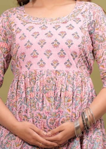 Fit and Flaired Cotton Printed I Maternity I Kurti I Kurta I Gown I Midi I Maxi I Feeding Kurti I for Women (L, Multi-Pink) 4