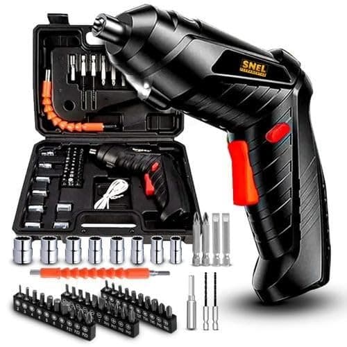 SNEL Cordless Power Screwdriver with Rotatable Handle, 90-180 Degree Rotation, Complete Accessory Kit with Carrying Case