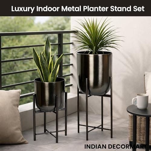 INDIAN DECORMART Metal Planter with Stand (Metallic Dark Grey (Medium & Small)) 4