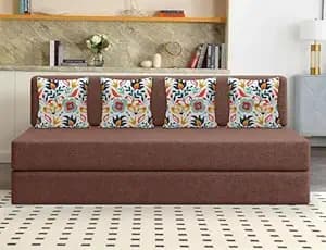 Los Angeles Foldable Four Seater Sofa Cum Bed, Sofa Bed 6 X 6 Feet Jute Fabric Washable Cover Including 4 Cushion Perfect for Living Room - Brown Color
