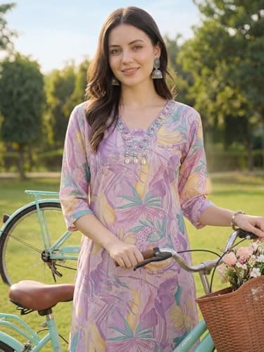 INDO ERA Women's Cream Cotton Blend Floral Printed Straight Fusion Kurta & Palazzo Set 5
