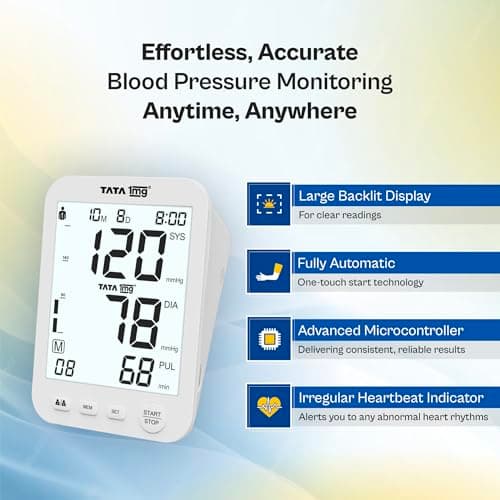 Tata 1mg Wide Screen Blood Pressure Monitor | High Accuracy | Irregular Heartbeat Detection | Large Backlit Display | Universal Cuff | 2-User, 180 Memory | USB-C & Battery | Gold Chip Microcontroller- 2