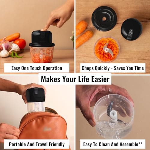 InstaCuppa Rechargeable Mini Electric Chopper, 350 Ml, USB-C Stainless Steel Blades, 1800 Mah Battery And One Touch Operation, For Mincing Meat, Garlic, Ginger, Onion, Black, 45 Watts 4