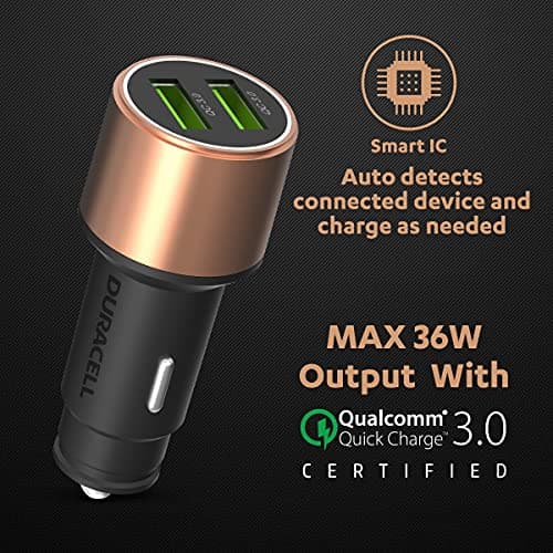 Duracell 36W Fast Car Charger Adapter with Dual USB Port. Qualcomm Certified 3.0, Quick Charge. Compatible with iPhone, All Smartphones, Tablets & More - Copper & Black 3