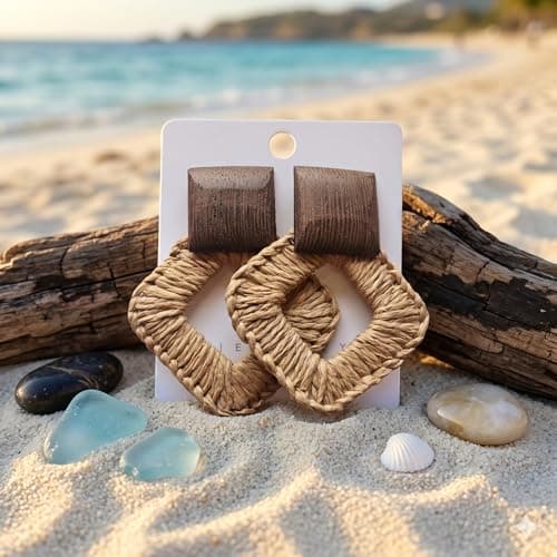Detroja Wooden Square & Raffia Diamond Dangle Earrings 4