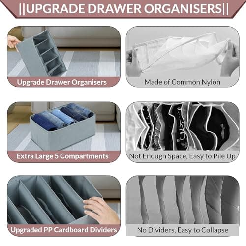 DOUBLE R BAGS Clothes Drawer Organizer for Jeans, Sweaters, Dresses & T-Shirts | Folded Clothes Wardrobe Storage Box | Grey, 26x17x36cm | 5 Compartment | Pack of 2 3