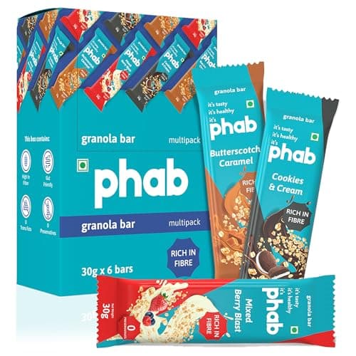 Phab Assorted Granola Snack Bars|Cookies & Cream, Berry, Butterscotch|Healthy Cereal & Breakfast Bar|High Fiber, Gut-Friendly|No Trans Fat|No Preservatives|Source Of Protein|Pack Of 6x 30 Gram)