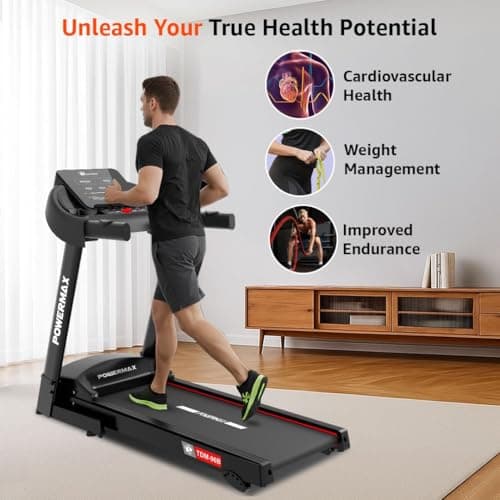 PowerMax Fitness TDM-96B 4HP DC Treadmill for Home | 110KG Max User Running Machine | 14km/hr Top Speed, 4-Level Manual Incline | Bluetooth for app, Speaker, Mp3 | Foldable Cardio Machine, LED Display 3