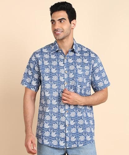 BLOCKS OF INDIA Men Cotton Regular Fit Hand Block Print Half Sleeves Summer Shirt (Medium, Color_3), Blue 2