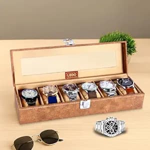 LEDO Luxury Watch Box Organizer, 6 Slot Display Case with Transparent Transparent Top, Cream PU Leather Exterior, Soft Cushioned Interior, Perfect for Storage and Gifting