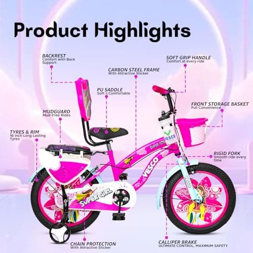 VESCO Super Girl 16T Cycle for Kids Girls with Balance Wheel & Back Carrier | Rigid Fork | Frame 11 Inch | Ideal for 4 to 6 Years Girls Kids Bike (Pink) 5