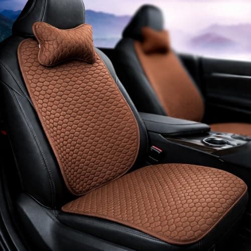 Hukimoyo 3-in-1 Car Seat Cover Protector Mat with Neck Pillow, Breathable Cotton Linen Anti-Slip Driver Seat Protector, Universal Fit Front & Bottom Seat Cover for Car, SUV & Truck with Pocket