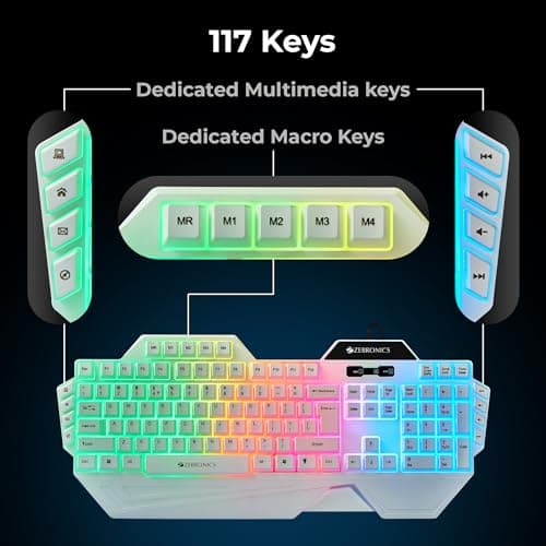 ZEBRONICS Optimus Gaming Keyboard & Mouse Combo, Braided Cable, Gold Plated USB, Upto 3600 DPI, 6 Buttons, High Resolution Sensor, Multicolor LED, Dedicated Macro Keys, 117 Keys (White) 6