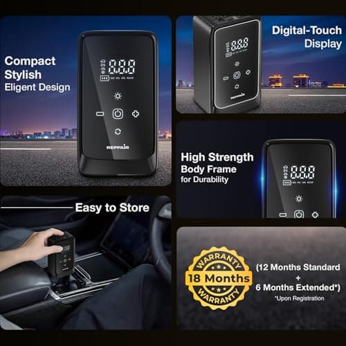 Reffair AIRSWIFT70 Car Tyre Inflator 150 PSI | Portable & Wireless I Power Bank & Emergency Light | Rechargeable Battery + DC12V Dual Use | Type C Port I Digital Display I Multiple Nozzles 3