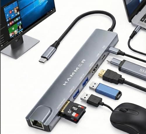 HAMMER 8-in-1 USB-C Hub | 100W PD Charging, 5Gbps Data Transfer, HDMI 4K, (RJ45) Ethernet Port, SD/TF Card Reader, USB 3.0 & 2.0 | Multiport Adapter for Laptop, MacBook, & Smartphones (Grey) 3
