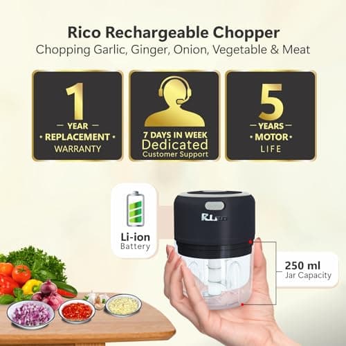 Rico Japanese Technology Wireless Mini Electric Chopper | 1 Year Replacement Warranty | Unbreakable Bowl | One Touch Operation | 10 Seconds for Mincing Garlic, Ginger, Onion, Vegetable, Meat - 250 ML 2