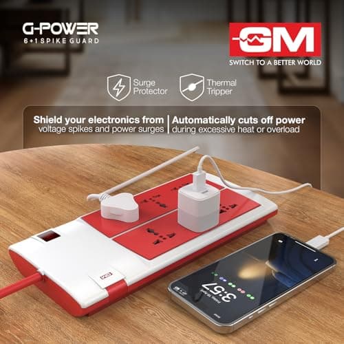 GM 3059 Power Strip | 6 Universal Sockets + Master Switch | 2m Heavy-Duty Cord | Surge Protector | Child Safety Shutters | LED Indicator | Extension Board for Home & Office 2