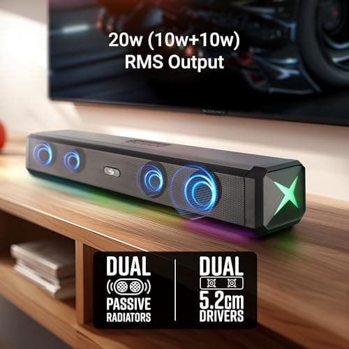 ZEBRONICS VITA BAR 150 Wireless Bluetooth Soundbar, 20W RMS, 2.0 Channel, Dual (52mm Driver & Passive Radiator), Upto 8 Hours Playback, Built in Battery, BTv5.3 | USB | mSD | AUX | | TWS, RGB LED 2