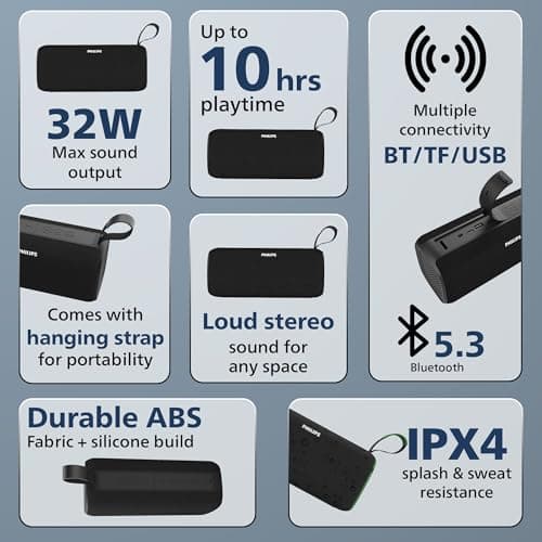 PHILIPS Audio TAS2400BK Portable Bluetooth Speaker with Stereo Sound, 32W RMS, 2400mAh Rechargeable Battery, BT v5.3 Connectivity, IPX4 Waterproof, Supports TF/USB/BT Modes with Hanging Strap (Black) 3