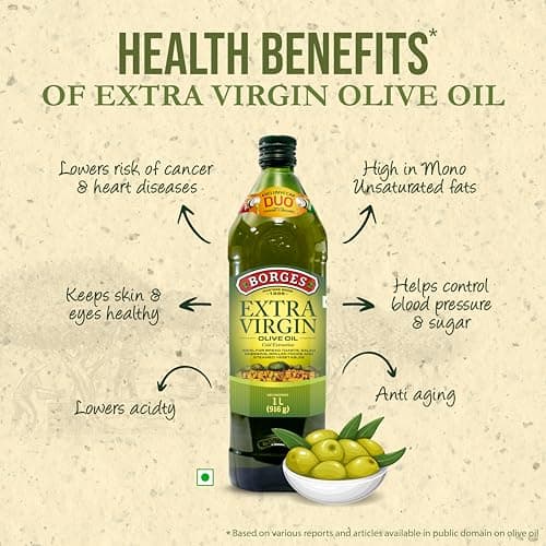 Borges Extra Virgin Olive Oil - 1L Glass |Unrefined & Cold Pressed Oil|Packed in Spain |75% MUFA | Rich in Antioxidants | Ideal For low heat cooking like sauteing & grilling, salad dressing 4
