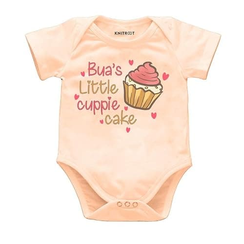 KNITROOT Bua Family Special Onesies, Unisex Baby Kids 100% Cotton Envelope Neck Half Sleeve Peach Romper, Bodysuit, Sleepsuit, Bua's Little Cuppie Cake, 6-9 Months, Infant Cloths for Boys & Girls