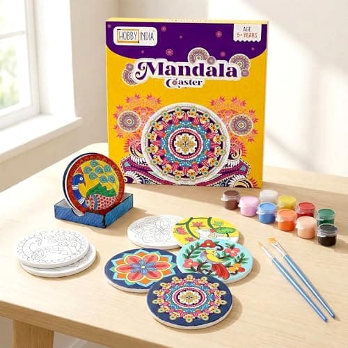 HOBBY INDIA Mandala Art Kit for Adults and Kids | DIY Tea Coaster Set of 6 with Painting Kit | Unique Art and Craft Kit Gift | Perfect Tea Coaster for Office Desk, Dining Table Kitchen Decoration