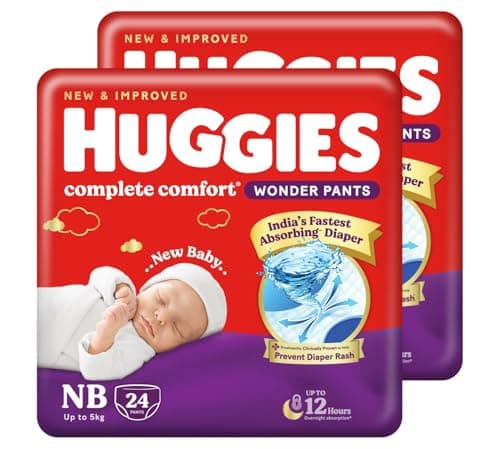 Huggies Complete Comfort Wonder Pants | Pant Style Baby Diapers Newborn Size (NB/XS), 48 Count | India's Fastest Absorbing Diaper, Prevents Diaper Rash, Ideal for 0-5 Kgs (24 Count, Pack of 2)