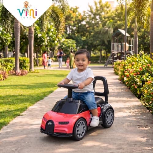 VINI TOYS Luxury Sports Car Ride On Car for Kids 1-5 Years, Foot to Floor Baby Car, Backrest, Steering Wheel, LED Lights, Music & Under Seat Storage (Red, Ride On Without Push Handle) 3