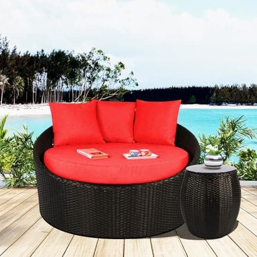 DEVOKO Outdoor Wicker Patio Daybed with Round Glass Top Coffee Table Weather-Resistant Furniture for Poolside, Garden,Balcony(Black & Red)