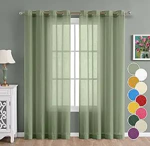 THE LINEN COMPANY Cotton Linen Solid Sheer Long Door Curtain Set with Steel Eyelet Rings- 4.5 X 8 Feet (Set of 2 -Avocado Green)