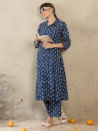 INDO ERA Women Blue Pure Cotton Co-Ord Set | Kurta Pant Set for Casual Wear,IESTR12020M | Co Ord Set For Women Stylish | 3