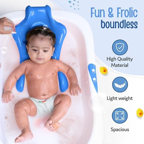 LuvLap Bubble Baby Bathtub (White & Blue) & Anti Slip Baby Plastic Bath Chair (Blue) for 6 Month - 3 Years, Bathtub with Drain Plug, Baby Bath Seat/Sling with Non Slip Suction Base 2