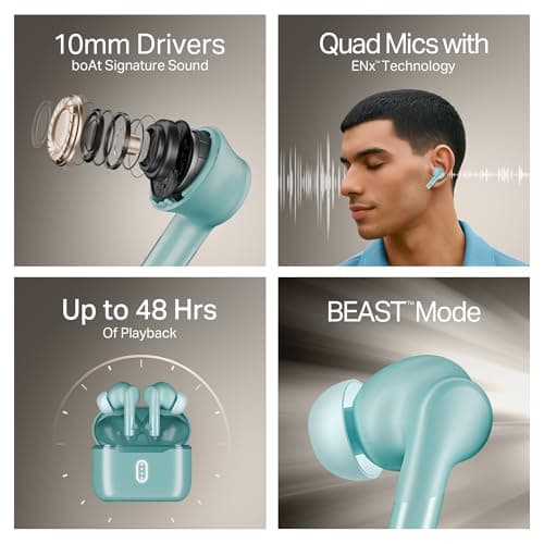 Boat Airdopes 141 Gen 2, 4 Mics ENx Tech, 48 Hrs Playback, Free Music Streaming, Fast Charge, Low Latency, IPX4, v5.4 Bluetooth Earbuds, TWS Ear Buds Wireless Earphones with mic (Teal) 2