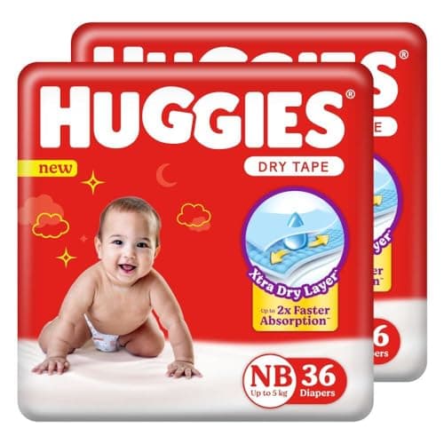 Huggies Complete Comfort Dry Tape Newborn - (NB/XS) Size Baby Tape Diapers, Combo Pack of 2, 72 count, with 5 in 1 Comfort (36 Count, Pack of 2)