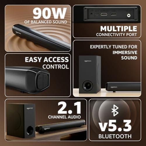 amazon basics 90W Soundbar with Wired Subwoofer | 2.1 Channel Home Theatre|Bluetooth 5.3, HDMI ARC, USB, AUX | Deep Bass Subwoofer | Remote Control | Soundbar for Smart TVs, Gaming & Music (Black) 2