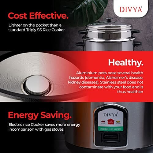 DIVYA Stainless Steel 1.8 Liters Cylinder Electric Rice Cooker 700W and Steamer 4