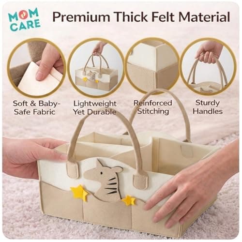 MOM CARE Baby Diaper Organizer Caddy | Nursery Storage Basket with Removable Dividers & 11 Pockets | Portable Baby Essentials Organizer for Diapers, Wipes, Bottles | Felt Diaper Storage Bag – Brown 3