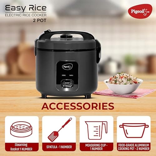 Pigeon Easy 3L Electric Rice Cooker with 2 Pots, Keep warm function, Steam basket, Spatula & Measuring cup (Grey) 3
