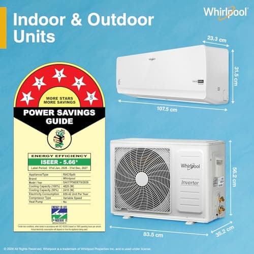 Whirlpool 1.5 Ton 5 Star, New star rated, Magicool Inverter Split AC (MAGICOOL 15T 5S INV CNV S6K3PP0, Copper, Convertible 4-in-1 Cooling Mode, HD Filter White) 2