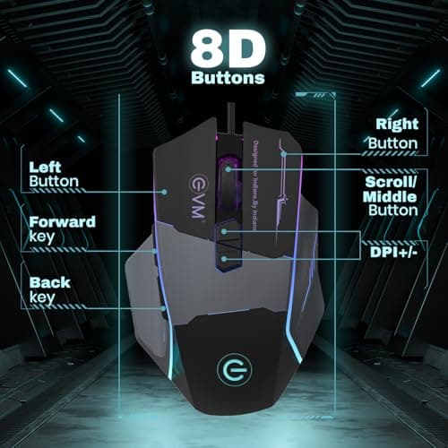 EVM M06087 Wired Gaming Optical Mouse |8 Buttons, 6400 DPI Adjustable | Rainbow RGB Backlit |1.5m Braided Cable, Ergonomic Rubber Grip, USB | 1 Year Warranty (EVM-M06087) 2
