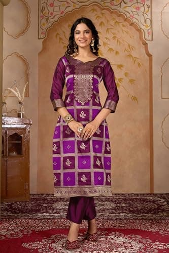 BROYAAR SHOP Traditional Banarasi Jacquard Silk Salwar Suit, 3-Piece Ethnic Dress Set (IN, Alpha, 2XL, Regular, Standard, Wine) 5