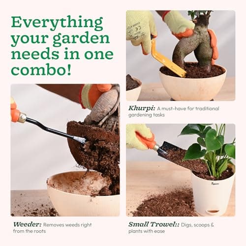 Ugaoo Gardening Tools Kit for Home Garden – 3 Pcs Garden Tools Set with Khurpi, Trowel, Weeder | Heavy Duty Planting Accessories, Plant Tools, Garden Accessories for Home Gardening 3