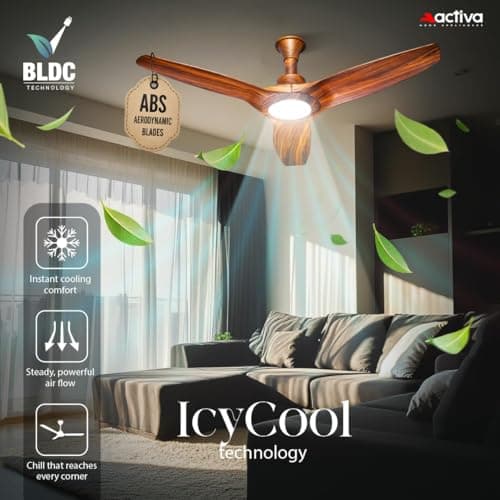 ACTIVA Silentair 1200mm BLDC Ceiling Fan with LED Light & Remote Control | 28W BEE 5 Star Energy Efficient Fan | High Airflow | Low Noise | Reversible Mode | Premium ABS Body | Wooden Finish 3
